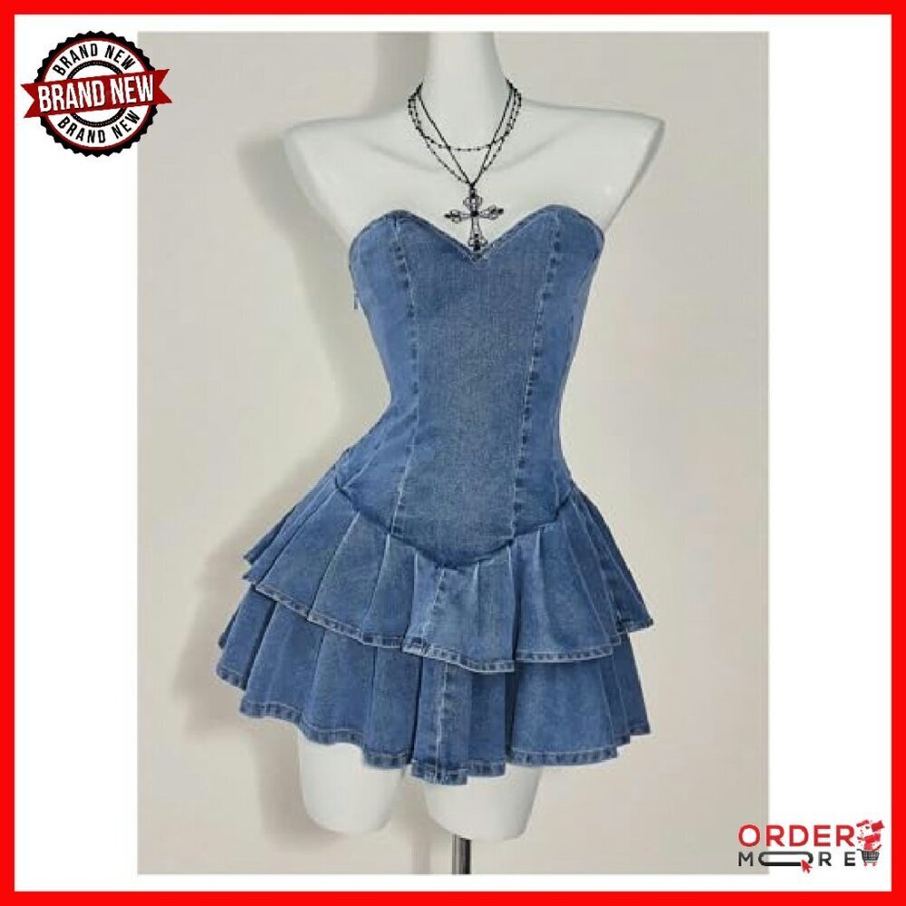 Strapless Mini Denim Dress with Ruffle Layers, A-Line Fit - Picture 4 of 6